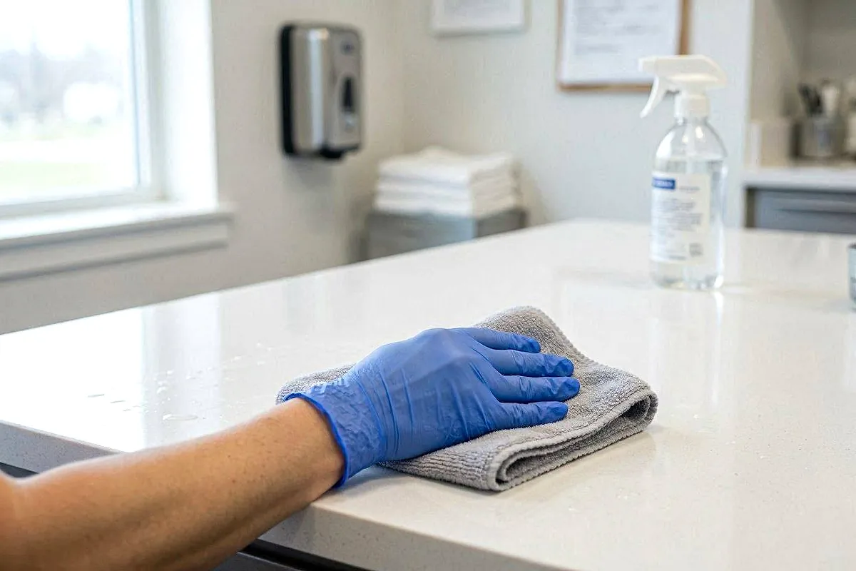 Gloved hand disinfecting a medical office countertop with a microfiber cloth