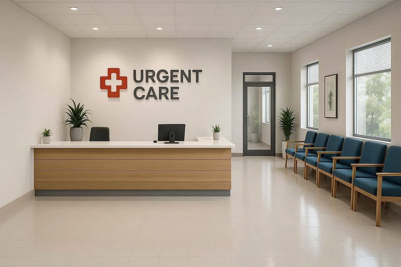 Bright, clean urgent care reception desk and patient waiting area